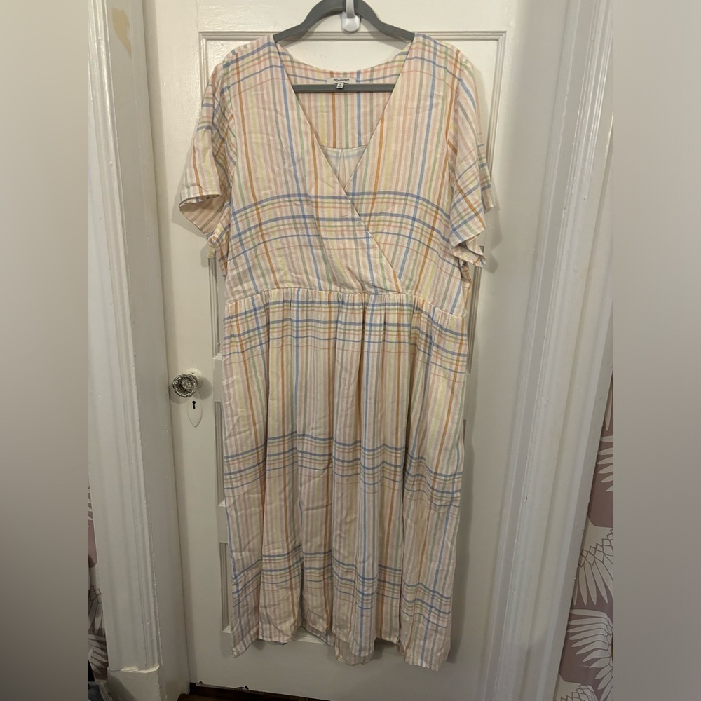 Madewell Linen Hayden Popover Midi Dress Plaid Pastel Cream Spring Tan Medium